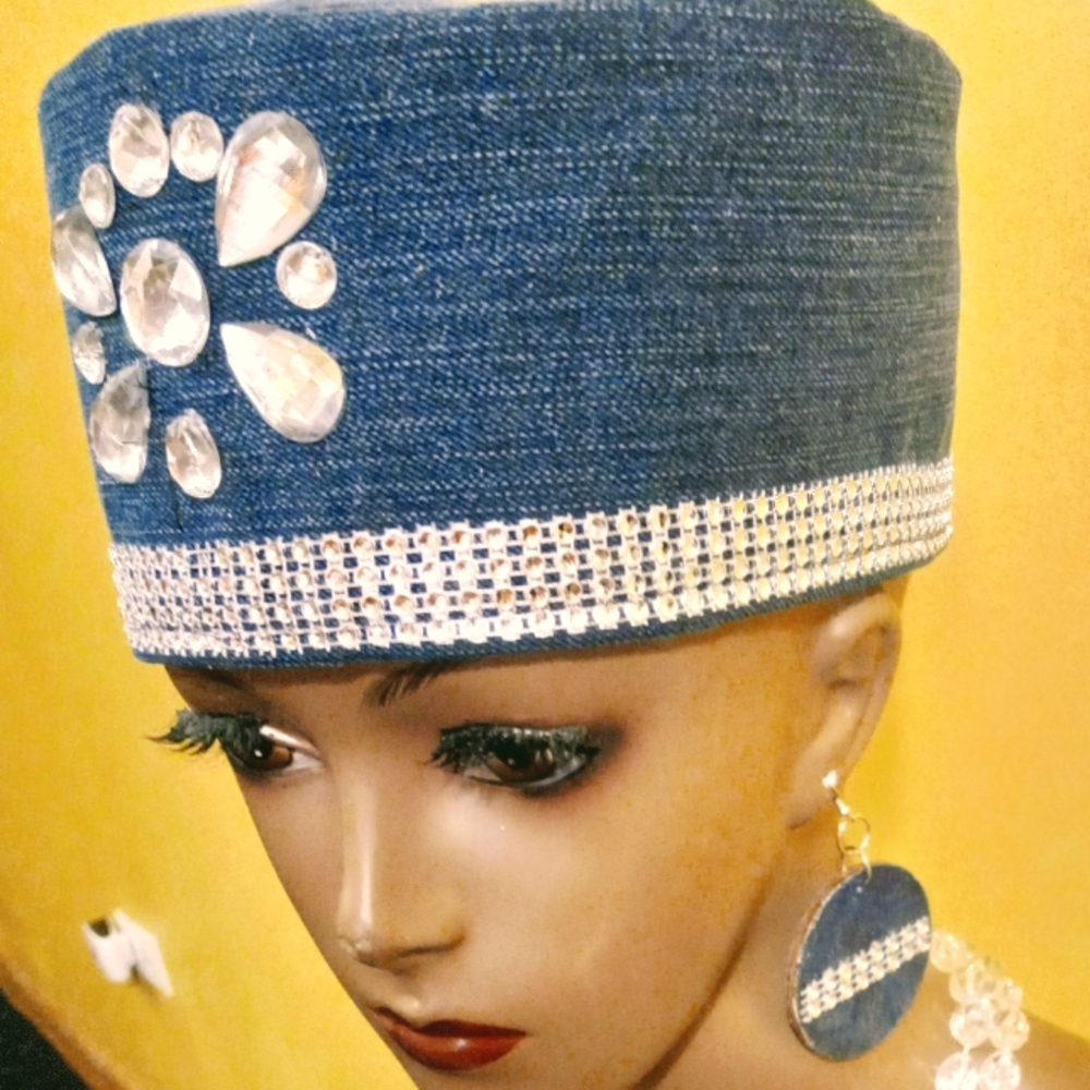 2 PC NEW HANDMADE AFRICAN KENTE  DENIM HAT BLING ACCENT 23"+ MATCHING EARRINGS